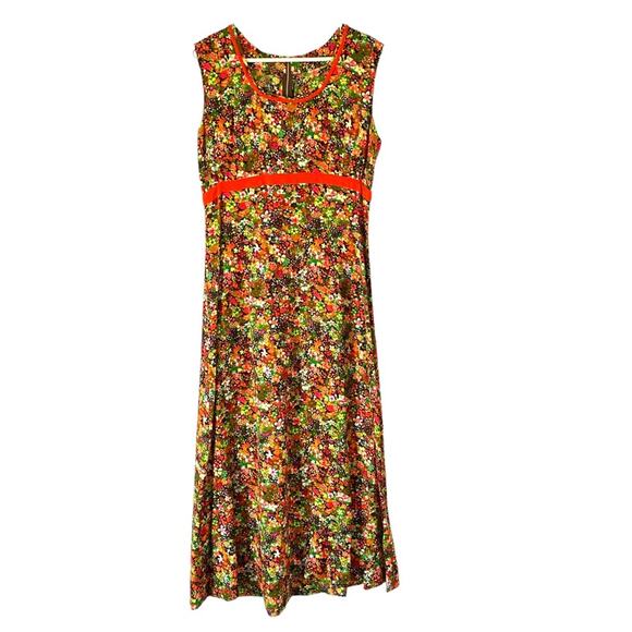 Vintage 60s Floral Orange Green Brown Empire Waist Midi Dress Velvet Ribbon - Picture 1 of 8